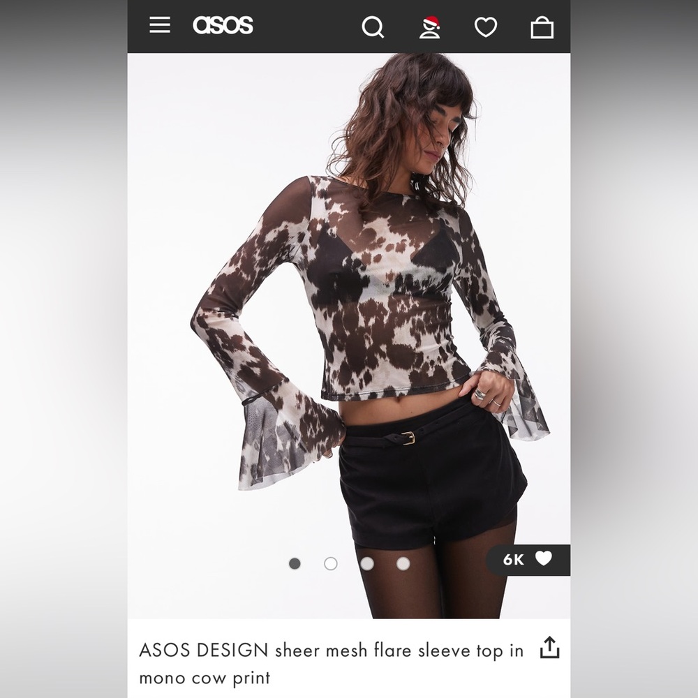ASOS DESIGN sheer mesh flare sleeve top in mono cow print